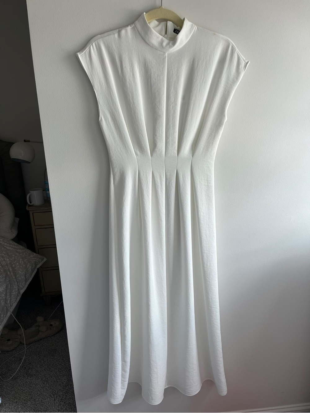 Zara White Pleated High-Neck Midi Dress